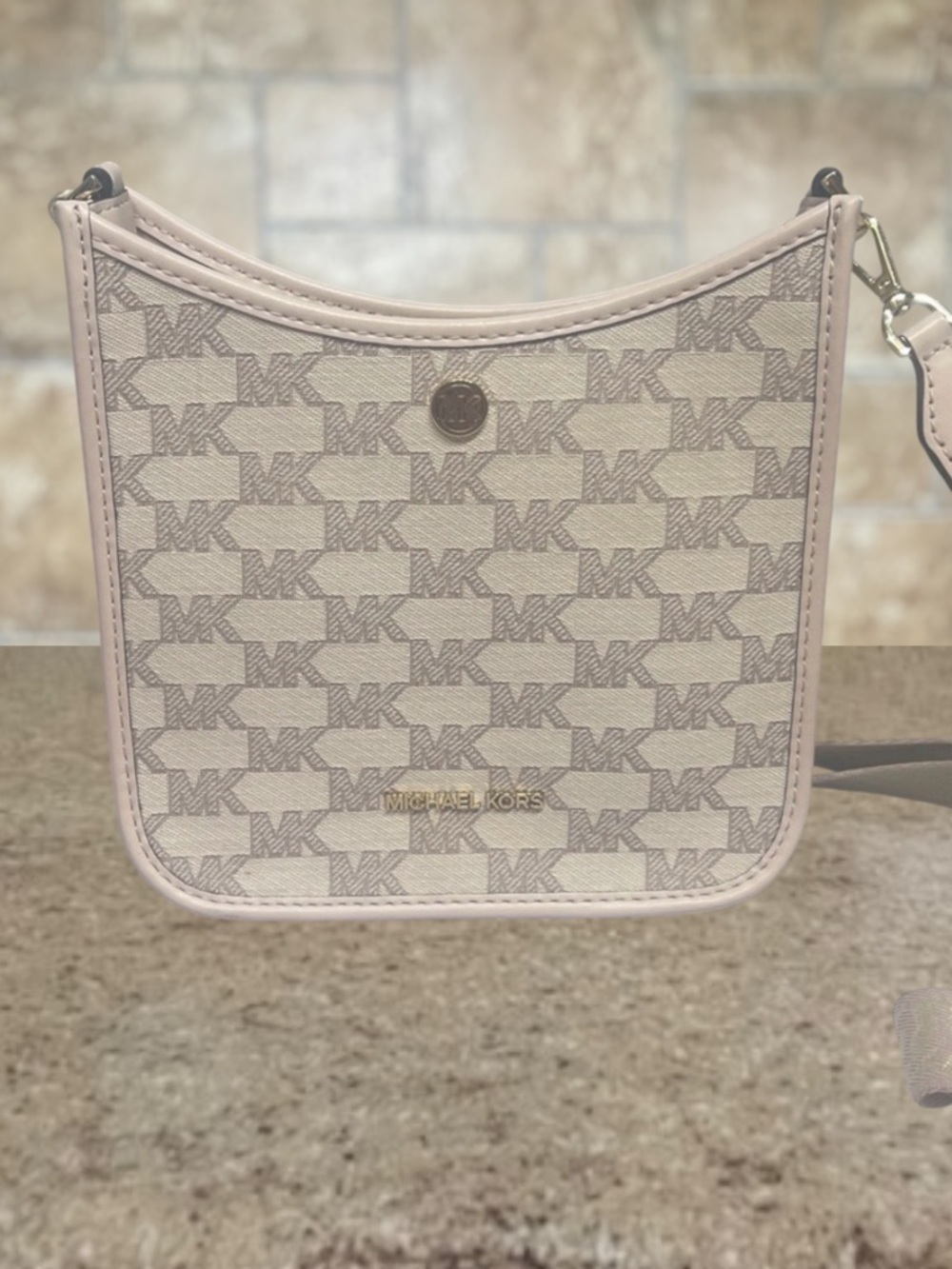 Michael Kors Briley Crossbody MK Signature Logo Jacquard Pink & White